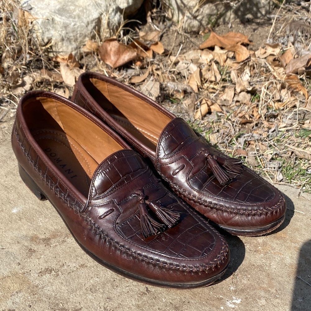 Domani alligator embossed leather pinch tassel slip on loafers size 10 office